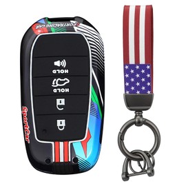 HIBEYO 4 Button Key Fob Cover Compatible with 2023-2019 Toyota Land Cruiser 4Runner RAV4 Camry Highlander Accessories Metal Painted Sports Style Key Shell with US Flag Keychains-4 Button Black