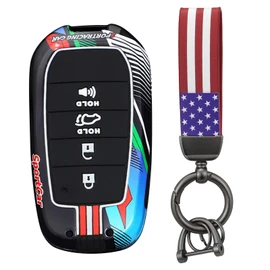 HIBEYO 4 Button Key Fob Cover Compatible with 2023-2019 Toyota Land Cruiser 4Runner RAV4 Camry Highlander Accessories Metal Painted Sports Style Key Shell with US Flag Keychains-4 Button Black