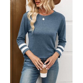 EADINVE Women Crewneck 3/4 Sleeve Tops Fall Casual Color Block Curved Hem Shirts Loose Fit 2025 Navy