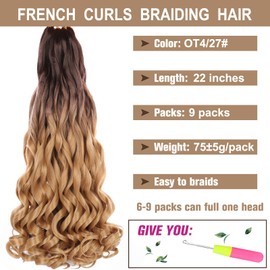 COOKOO French Curly Braiding Hair 22 Inch 9 Packs Pre Stretched French Curl Bouncy Braiding Hair Ombre Brown to blonde Loose Wavy Braiding Hair Synthetic Hair Extensions for Black Women OT4/27#