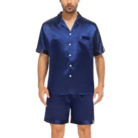 SWOMOG Mens Silk Pajamas Sets Short Sleeve Satin Loungewear Button-Down Sleepwear Two-Pieces PJs Sets with Shorts Dark Navy Blue