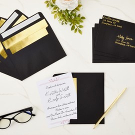 50-Pack C6 Envelopes - 4.25 x 6.25 inches Square Flap Envelopes - Photo Envelopes - Invitation Envelopes for Wedding Invitations - 120gsm, Black Outside, Gold Inside