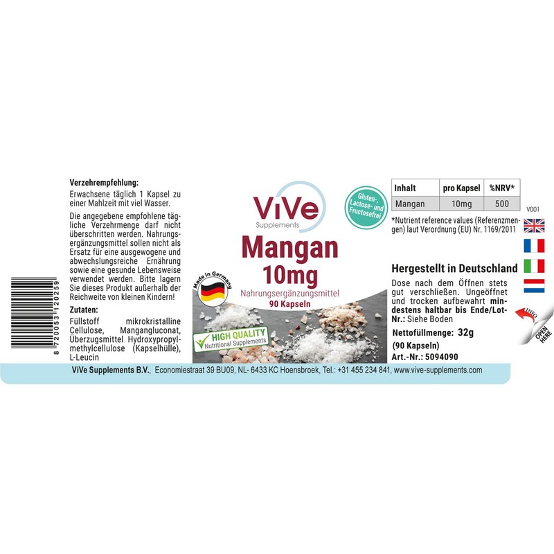 Manganese 10 mg - 90 Capsules - High Dose -
