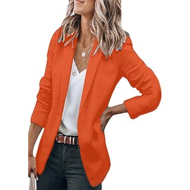 BOFETA Women's Trendy Open Front Solid Blazer with Pocket Lapel Button Blazers Work Cardigan Jacket Blazer Orange M