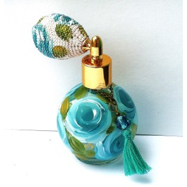 Hand Painted Turquoise Wedgewood Blue Roses Refillable Round Glass Perfume Spray Bottle Atomizer Romantic Decor