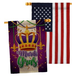 Mardi Gras Crown Burlap House Flags Pack Springtime Carnival Festival Masquerade Celebration Season Holiday French USA Embroidery Small Decorative Gift Yard Banner Double-Sided Made In 28 X 40