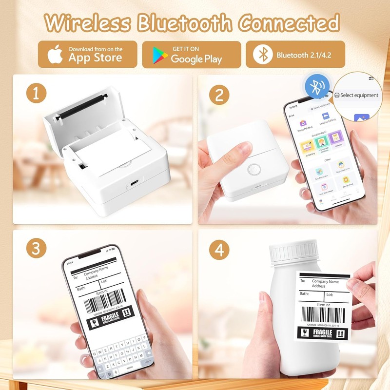 Mini Sticker Printer, Pocket Thermal Printer with 6 Roll Papers,