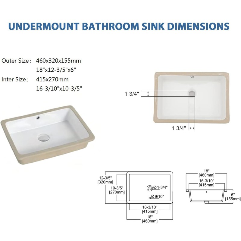 Couoko 18x12 Inch Undermount Bathroom Sink with Rectangular Bottom White