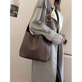 Women's Solid Color Tote Bag, Fashionable Large Capacity Shoulder Bag for Daily Used, Casual Trendy Versatile High-quality Daily Commuting Bag - Color: Coffee Brown, Size: Please Refer To The Pictures for Dimensions
