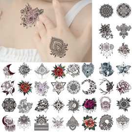 Tattoo Stickers Black Henna Body Art Stickers Design for Women Girls 40 Pcs Aniuvot Flower Butterfly Lotus Rose Fake Jewel Tattoo Sticker Neck Arm Chest Leg Body Back Decoration Waterproof Long