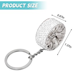 KHGUZ Bling Car Tire Wheel Keychain, Rhinestone Auto Wheel Keyring, Diamond Vehicle Rim Key Chain Accessories, Universal Fit (White)