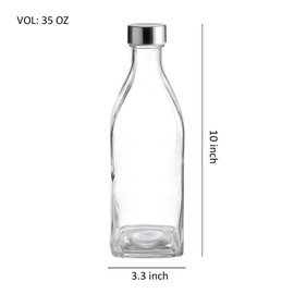 Whole Housewares 34 Oz Glass Square Water Bottles for Beverages and Juicer Use Stainless Steel Leak Proof Caps 4 Pack