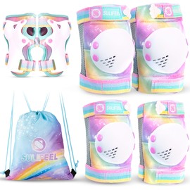SULIFEEL Shiny Knee Pads for Kids Knee Elbow Pads Wrist Guards for Girls Boys Adjustable Protective Gear Set with Drawstring Bag Rainbow Unicorn
