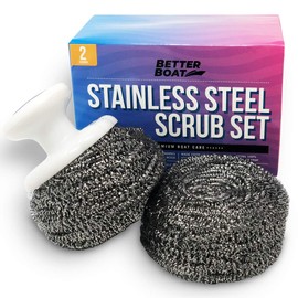 Stainless Steel Scrubber Set, Marine Grade Steel Wool Scouring Pads Scrub with Brush Handle, Heavy Duty Cleaning Supplies for Kitchen,Teak Wood, Outdoor Furniture, and Metal