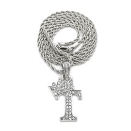 Fashion 21 Unisex Small Size Pave Crown Tilted Initial Alphabet Letter Pendant 2mm 24" Rope Chain Necklace in Gold, Silver Tone (T - Silver Tone)