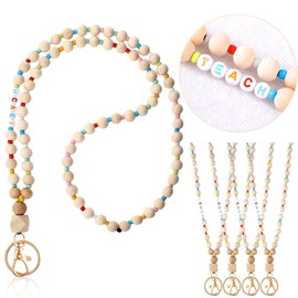 Glenmal 5 Pcs Cute Teacher Lanyard for ID Badges and Keys Wooden Beaded Lanyard Cute Portable Keychain Lanyard for Christmas Teachers Gift Employees Students Worker Cards Keys ID Badges