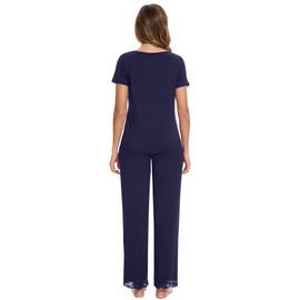 WiWi Pajamas Set for Women Soft Comfy Loungewear Short Sleeve Tops and Long Pants Viscose from Bamboo Sleepwear Pjs S-XXL, Navy, XX-Large