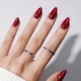 Modelones Red Cat Eye Press on Nails Almond, Christmas Short Fake Nails, Reusable Nail Kit with Nail Glue Adhesive Tabs Mini Nail File, Nails Press Ons 32Pcs 16 Sizes, Women Girl Gift