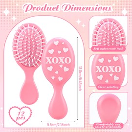 12 Pcs Valentines Mini Hair Brushes Bulk Pink Red Galentine's Day Gifts for Women Small Wet Detangling HairBrushes XOXO Happy Girlfriends Coquette Hairbrush for All Hair Types Party Favors