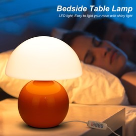 ULAROOM Mushroom Lamp Small glass Lamp,Bedside Table Lamp for Bedroom,3-temperature LED Bulb Cute Mini Modern Lamp Dimmable,Unique Aesthetic Home Decor for Living Room, Ceramic Base Glass Lamp(Orange)