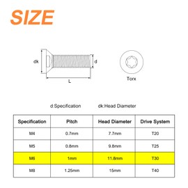uxcell M6-1.0x20mm Flat Head Torx Anti Theft Machine Screws, 20Pcs 10.9 Grade Alloy Steel, Torx Drive, Countersunk Head, Full Thread, Black Oxide Finish
