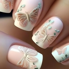 Pink White Embossed Butterfly Fake Nails Press On Nails Short Square,Glossy with Designs Full Cover Acrylic Glue on Nails Short Square Round False Nails Thick French Tip Stick on Nails for Women 24Pcs FD017-B7