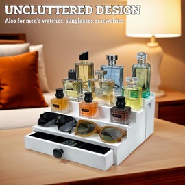 Wooden Cologne Organizer For Men 4 Tier White | High Grade Velvet Lining and Stylish Gift Box | Extendable Side Compartment | Space Aid Cologne Holder | Perfume Display Stand | Men's Room Essential