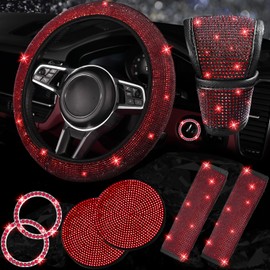 NBTEPEM 8 pcs Bling Car Accessories Set for Women, Bling Rhinestone Diamond Steering Wheel Cover, Sparkly Seat Belt Covers, Bling Gear Shift Cover, Universal Fit Most Cars (Red Diamond)
