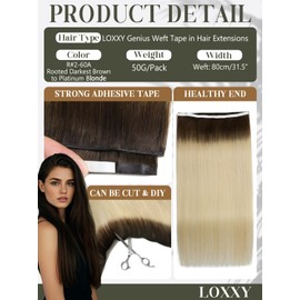 Loxxy 18 Inch 50G Long Weft Tape in Extensions, Brown Tape in Hair Extensions Human Hair, Rooted Darkest Brown to Platinum Blonde, Weft Width 31.5" (80cm)