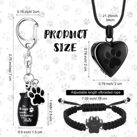 Tondiamo 3 Pcs Pet Cremation Jewelry for Ashes Dog Urns Keychain Cat Heart Urn Necklace Paw Print Bracelet Memorial Keepsake for Ashes with Filling Kit Storage Bag (Black)