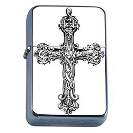 Perfection In Style Silver Flip Top Oil Lighter Vintage Cross Design 001