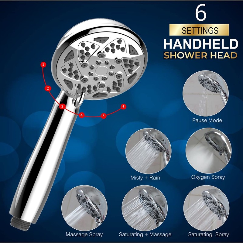 FREZZEL High Pressure Shower Head With Handheld Spray 6 Settings