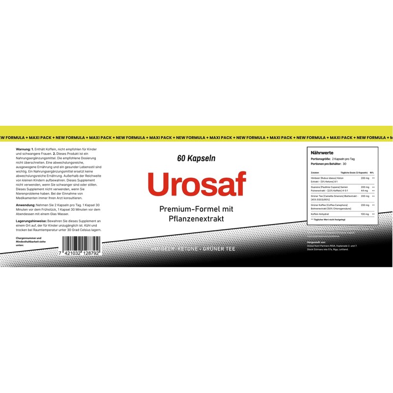 Urosaf Pflanzenextrakt-Kapseln, Himbeerketon und Grüner Tee, 60 Kapseln, Nahrungsergänzungsmittel