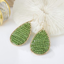 Winssigma Turquoise Teardrop Earrings, Boho Colorful Beads Gold Hoop Earrings for Women Bohemian Jewelry(Green2)