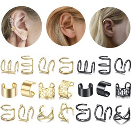 MALOYANVE 12 Pcs Ear Cuff for Women Girls,12 Styles Cartilage Clip On Earrings Set Stainless Steel Ear Clip Fake Cartilage Earring Non Piercing Helix Cartilage Ear Clip (Gold)