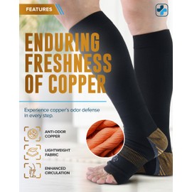 Doctor's Select 3 Pairs Copper Toeless Compression Socks for Men - 20-30 mmHg Compression Socks Men Open Toe, Toeless Socks, Black with Copper