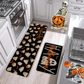 xuujdoppwul Happy Halloween Kitchen Rugs Set of 2,Spooky Ghost Kitchen Mats for Floor,Halloween Non Slip Washable Sink Laundry Rug Home Decor Doormat 17”x30”+17”x47”