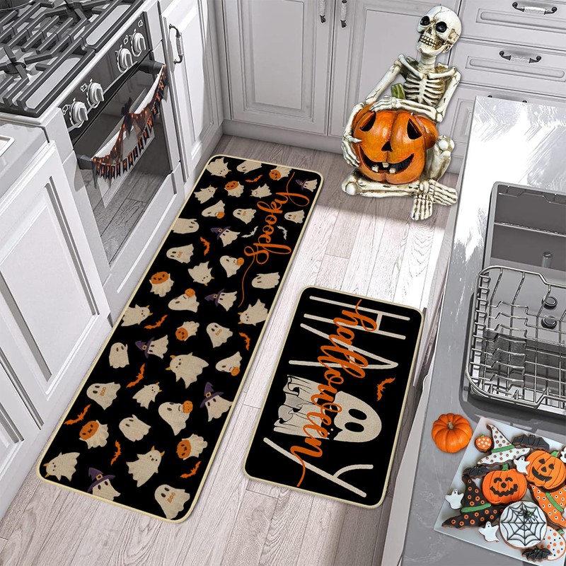 xuujdoppwul Happy Halloween Kitchen Rugs Set of 2,Spooky Ghost Kitchen