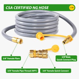 Natural Gas Hose 3/8 inch ID, 12FT Gas Line Hose with Brass Quick Connect Fitting, Propane to Natural Gas Pipe for Blackstone Grill, Pizza Oven, Patio Heater and More Low Pressure Gas Appliances