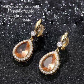 THUNARAZ Elegant Clip on Earrings for Women,Sparkling Teardrop Dangle Clip Earrings,Non-Pierced Champagne Rhinestone Cubic Zirconia Wedding Prom Jewelry 14K Gold