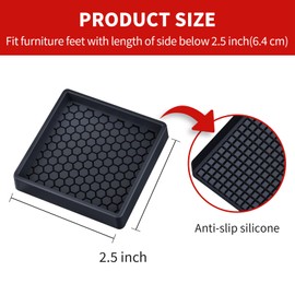 2.5” Square Rubber Anti Slip Furniture Pads for Hardwoods Floors, 8 Pcs Non Slip Furniture Coasters, Furniture Caster Cups Floor Protectors, Sofa Couch Bed Stoppers to Prevent Sliding (Black)