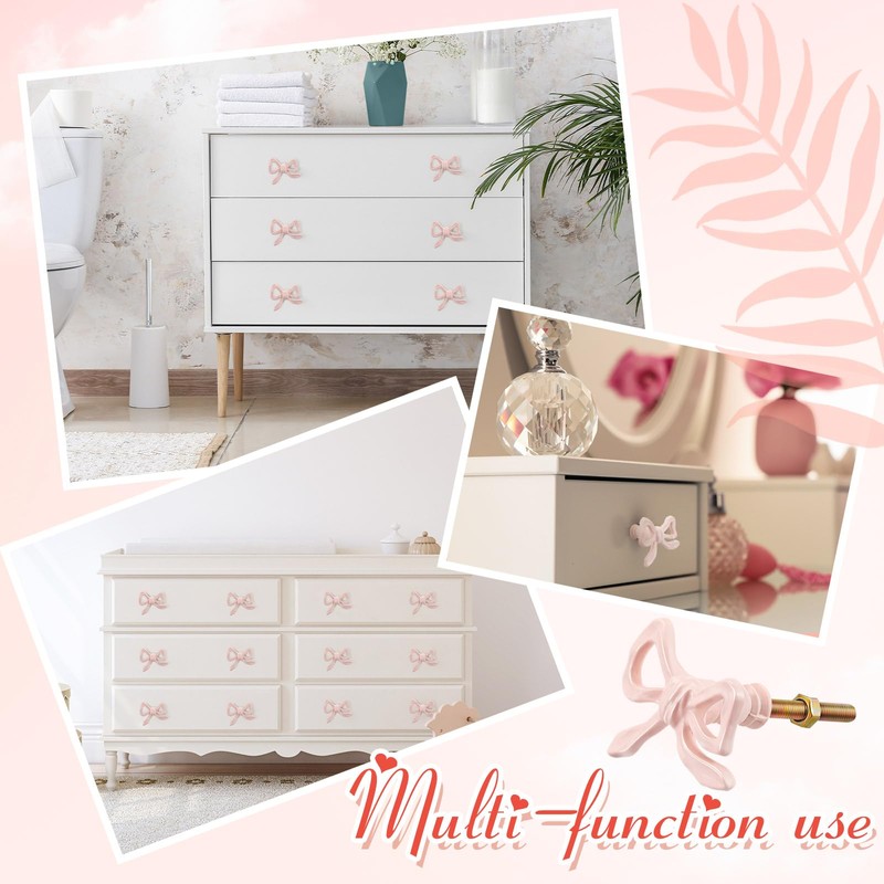 MorningRo 6 Pcs Pink Bow Knobs for Dresser,Pink Bow Drawer