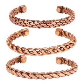 Touchstone copper magnetic bracelet tibetan style. hand forged with solid and high gauge pure copper. set of 3 different designs in hammered braided pipe style.