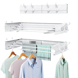 SZJoyBet Laundry Drying Rack, Collapsible Wall Mounted Clothes Drying Rack - Foldable,Space Saving, 13.2 Linear Ft, 5 Aluminum Rods, 60 lb Capacity (White, 23.6" Wide)