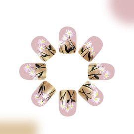 Short Press on Nails Square Fake Nails with Glitter Flower Designs Golden Gradient Nails Press ons Glossy Glue on Nails Nude Acrylic Nails Spring False Nails Artificial Stick on Nails for Women 24Pcs
