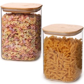 Glass Food Storage Jars 3.6 Qt Set of 2,Glass Storage Containers Clear Glass Food Canister with Bamboo Lid Airtight For Serving Tea, Coffee, Flour, Sugar, Candy, Cookie, Spice and More (Square)