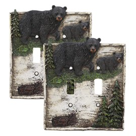 Ebros Set of 2 Novelty Woodland Rustic Pine Trees Forest Black Mother Bear with Cub Electrical Wall Light Cover Plate Hand Painted Resin Home Decor Accessory 2 Piece Pack (Double Toggle Switch)