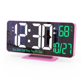 KOSUMOSU Pink Digital Clock 6.7in Desk Clock with Dual Alarm Clock, Dimming, 12/24h, Date, Day of Week, Temp, Digital LED Clock, Alarm Clock for Table, Digital Calendar Table Clocks for Bedrooms