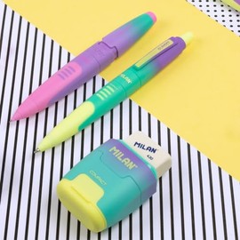 Milan Duo 1 Sacapuntas con Deposito Amarillo - Lila  2 Gomas de Repuestos                                                                             