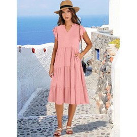 ANRABESS Womens Summer Dress Ruffle Sleeve V Neck Midi Dresses Fashion Casual Fit Flowy Tiered Boho Beach Vacation Sundress Peach-XL